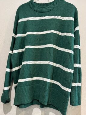 aerie Green and White Striped Crewneck Sweater